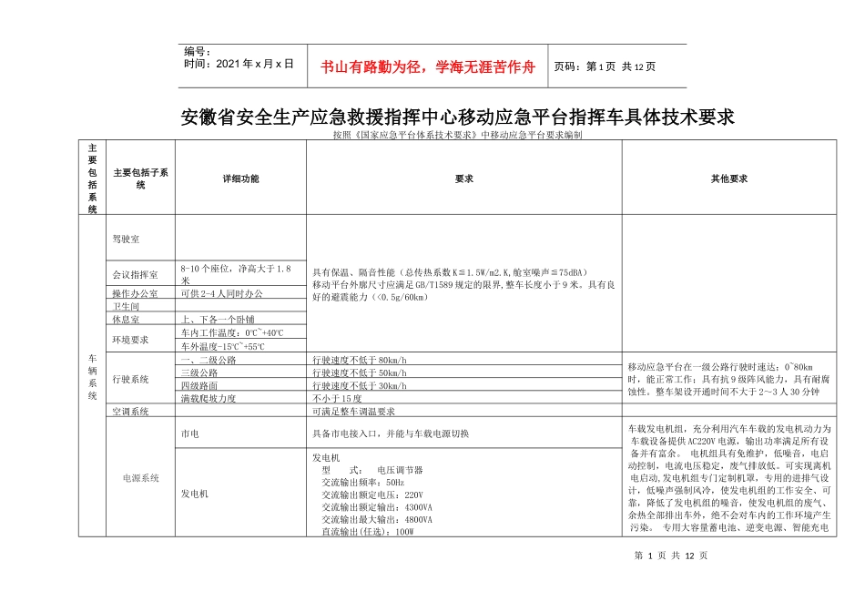 安徽省安全生产应急救援指挥中心移动应急平台指挥车设备技术要求_第1页