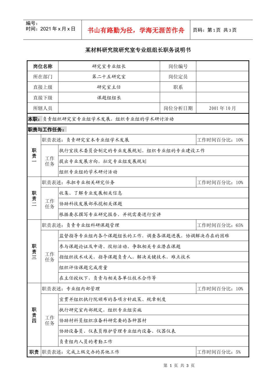 材料研究院研究室专业组组长职务说明书_第1页