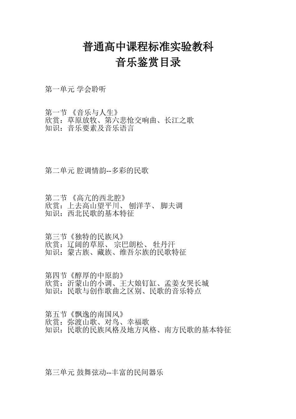 高中音乐鉴赏目录表(人教版)_第1页