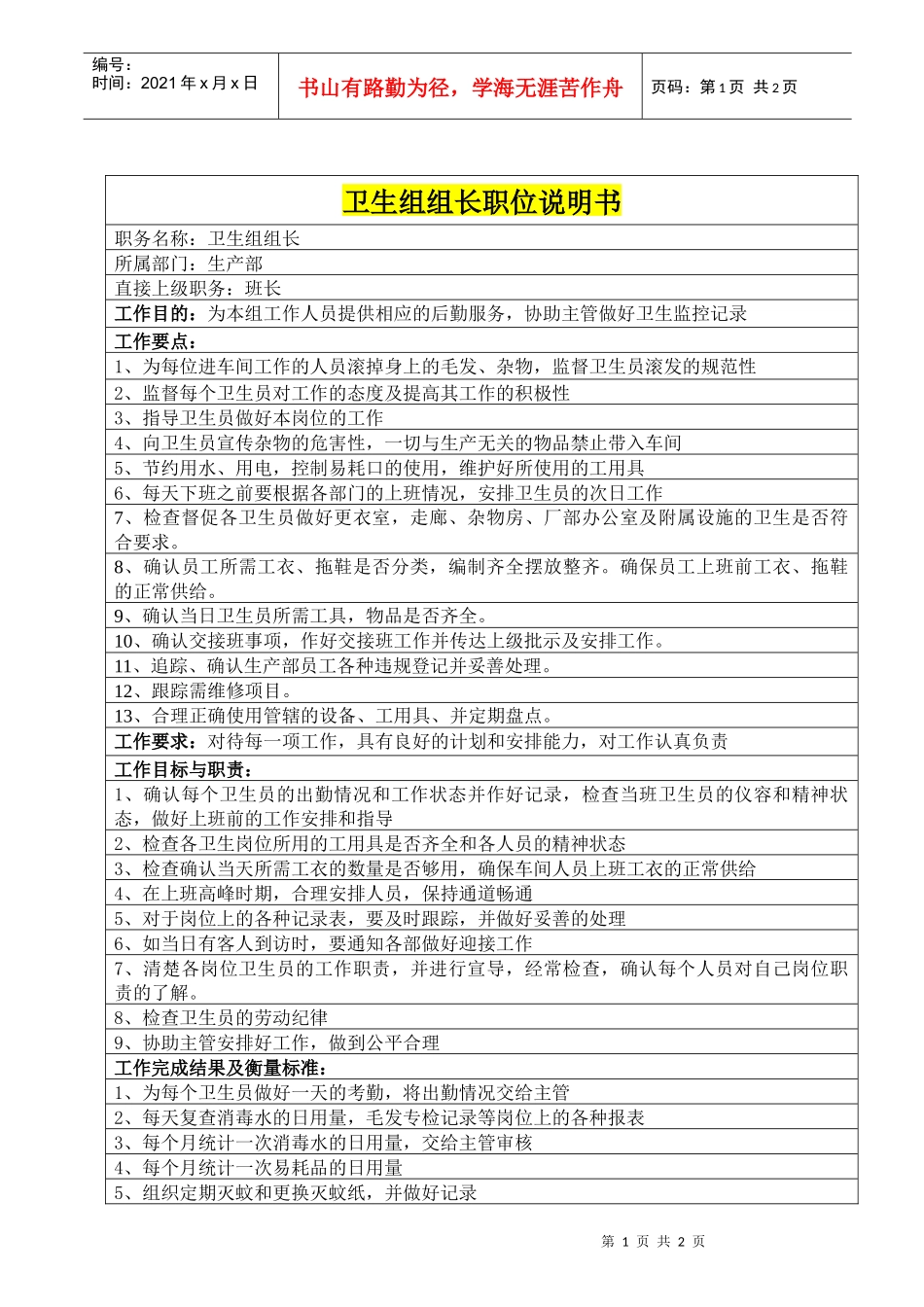 卫生组组长职位说明书_第1页