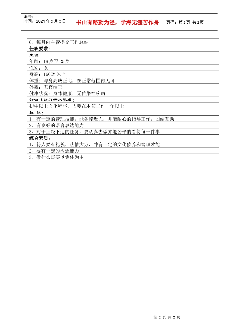 卫生组组长职位说明书_第2页