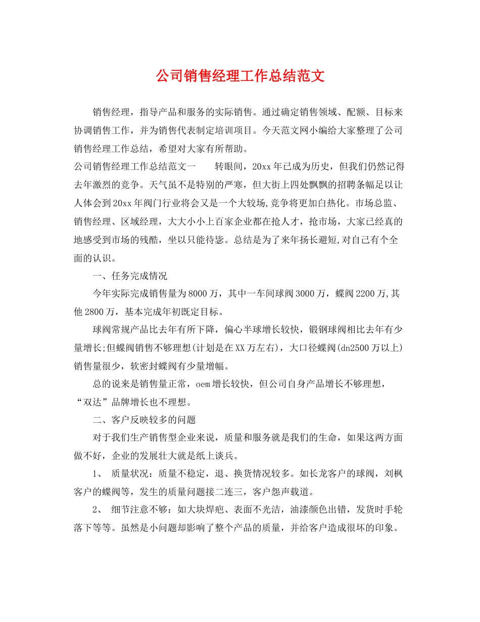 公司销售经理工作总结范文 _第1页
