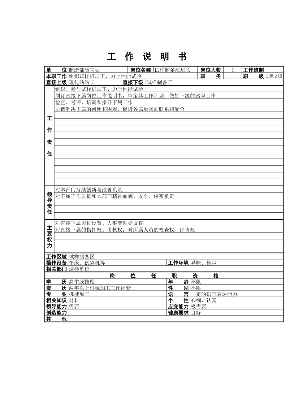 试样制备班班长工作说明书_第1页
