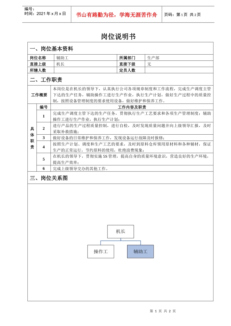 车间辅助工岗位说明书_第1页