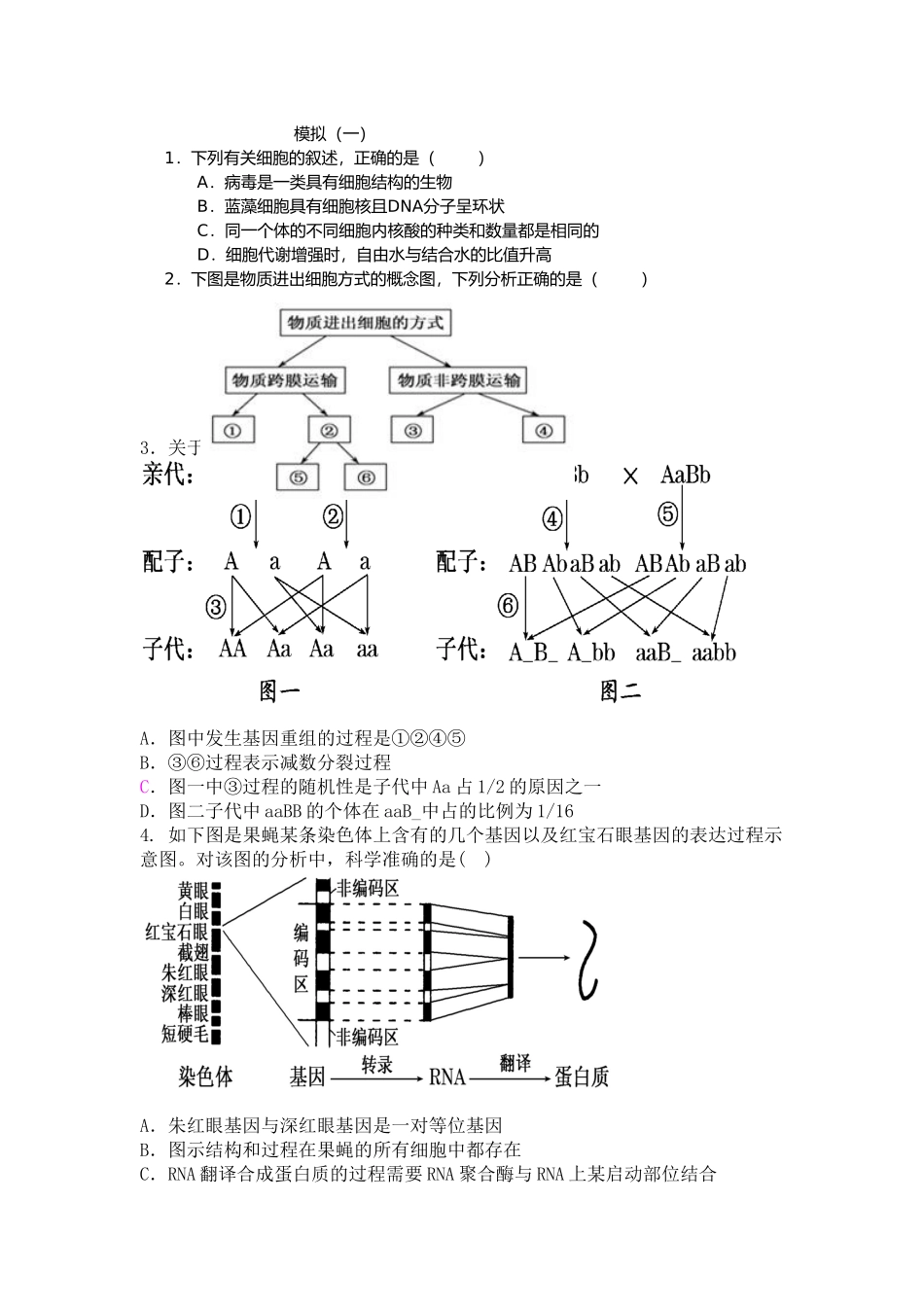 高二第二学期生物模拟试卷（一）_第1页