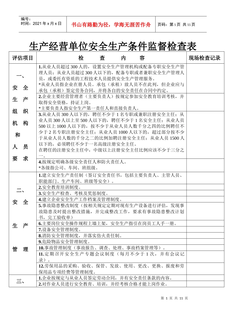 生产经营单位安全生产条件监督检查表_第1页