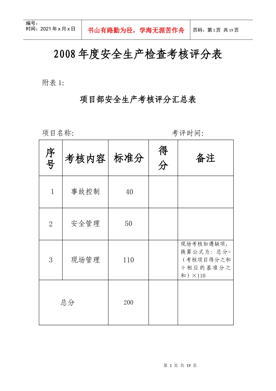 工程项目安全生产检查考核评分表汇总_第1页