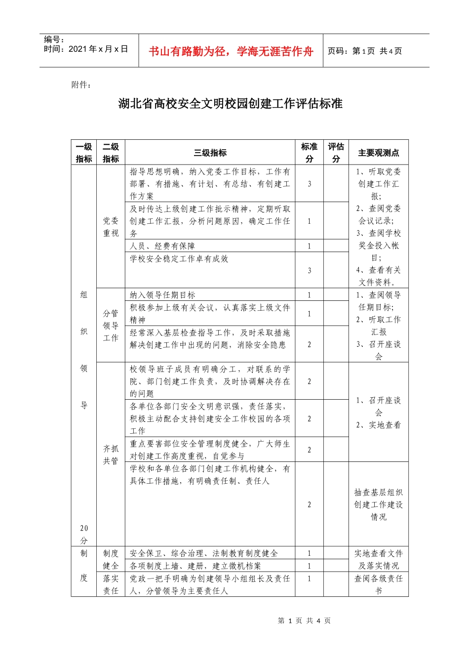 湖北省高校安全文明校园创建工作评估标准_第1页
