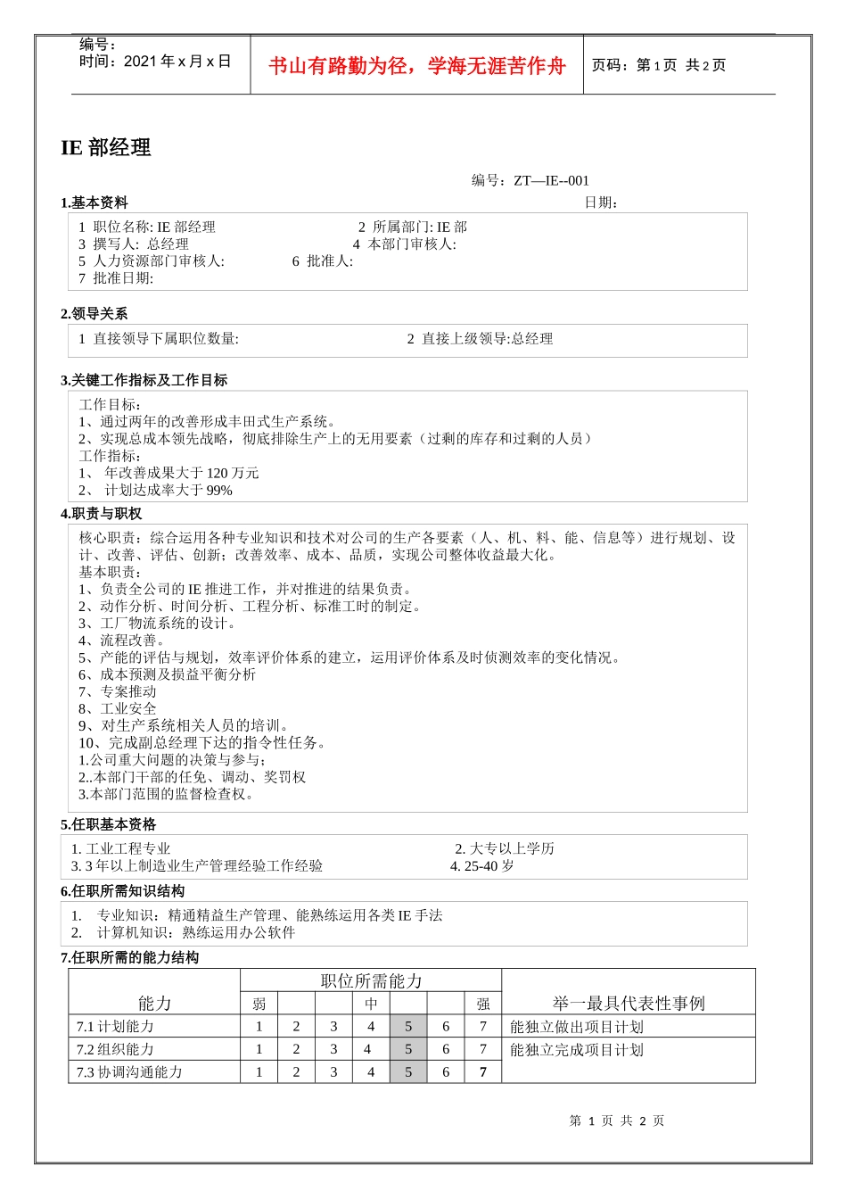 IE部经理职位说明书_第1页