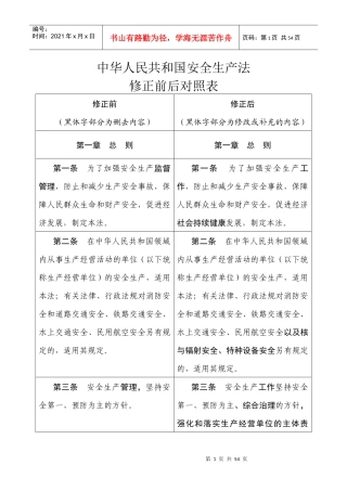 中华人民共和国安全生产法修正前后对照表