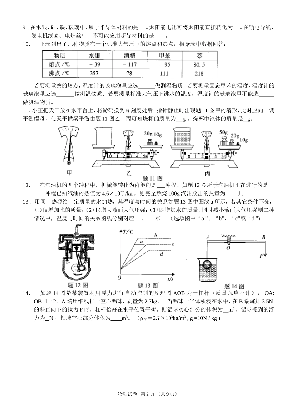 2016年4月初三级模拟考试物理试卷_第2页