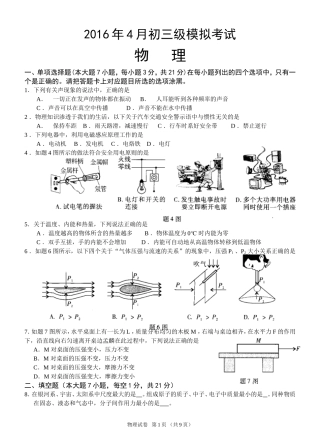 2016年4月初三级模拟考试物理试卷