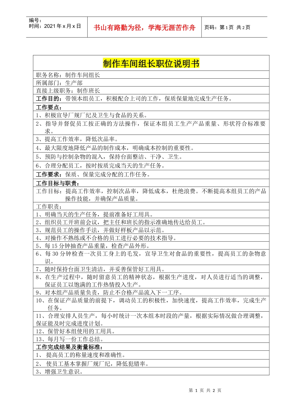 制作车间组长职位说明书_第1页