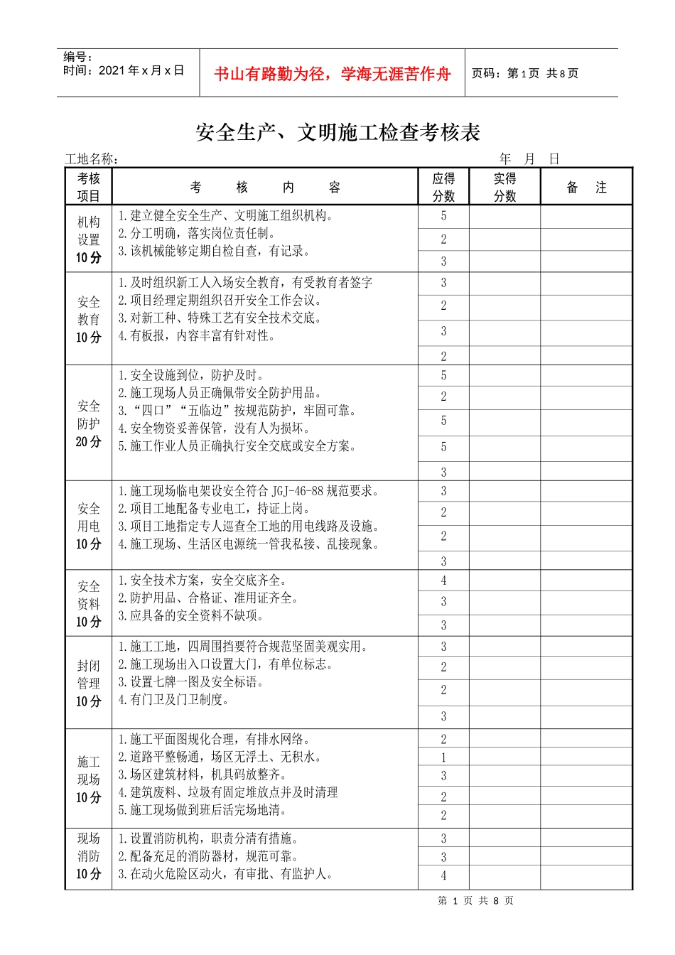安全生产、文明施工检查考核表_第1页