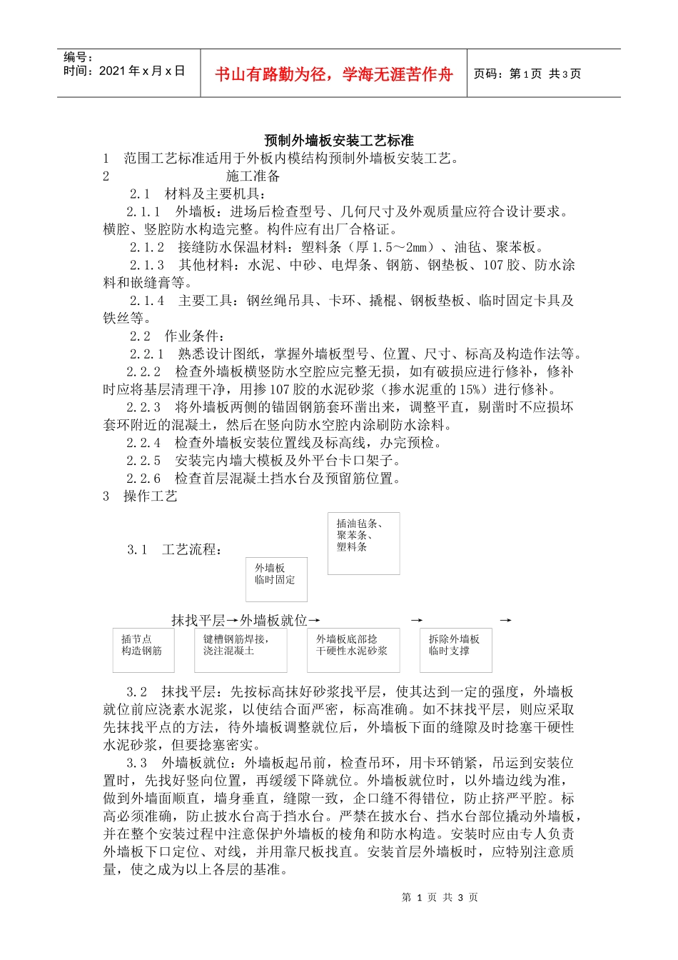 预制外墙板安装工艺标准_第1页