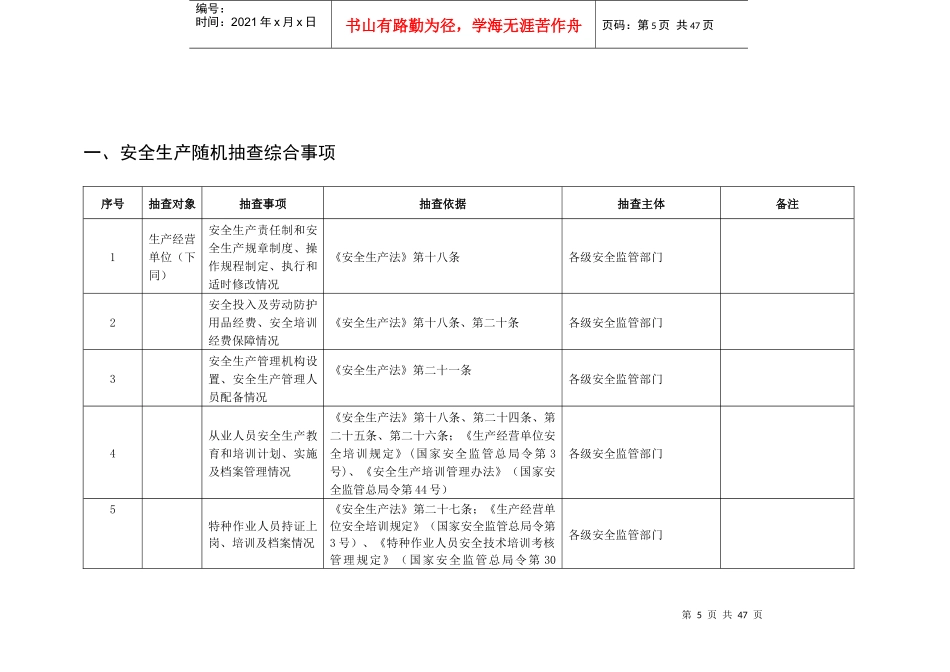 安全监管部门安全生产监督检查随机抽查重点事项清单_第3页