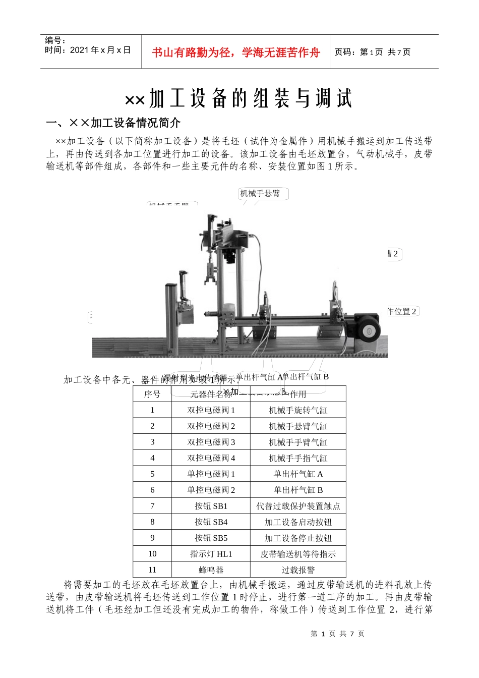XX生产设备的组装与调试_第1页