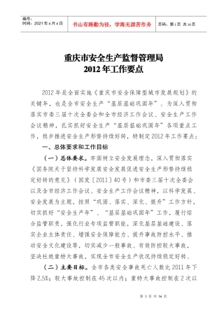 重庆市安全生产监督管理局XXXX年工作要点