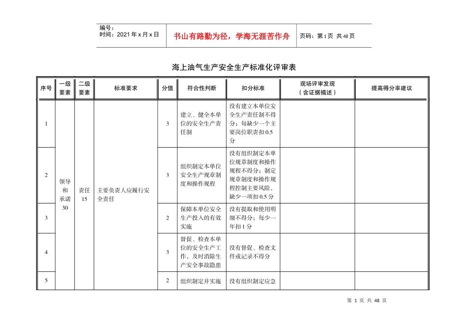 海上油气生产安全生产标准化评审表XXXX0808_第1页