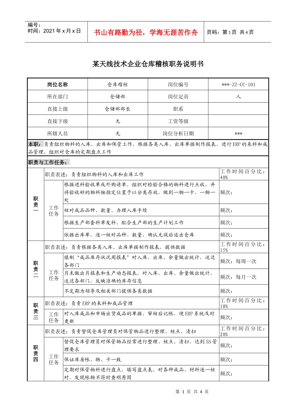 企业仓库稽核职务说明书_第1页