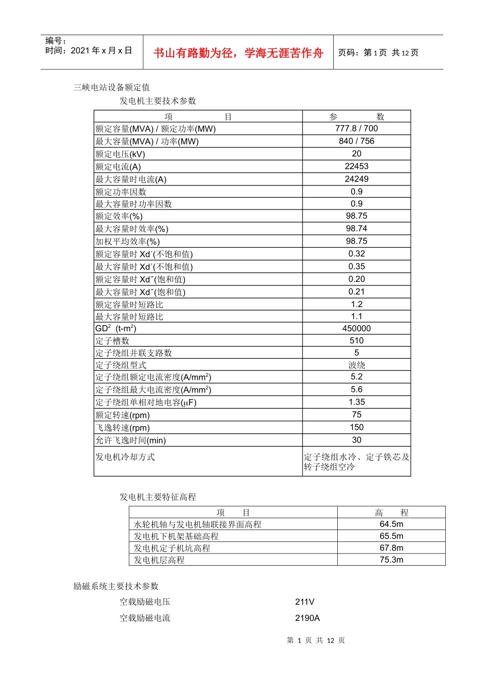 三峡电站设备额定值论述_第1页