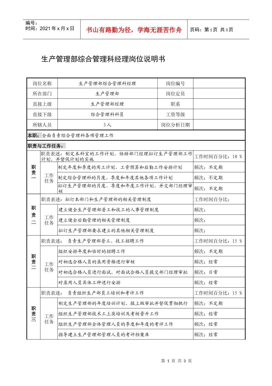 制鞋企业生产管理部综合管理科经理岗位说明书_第1页