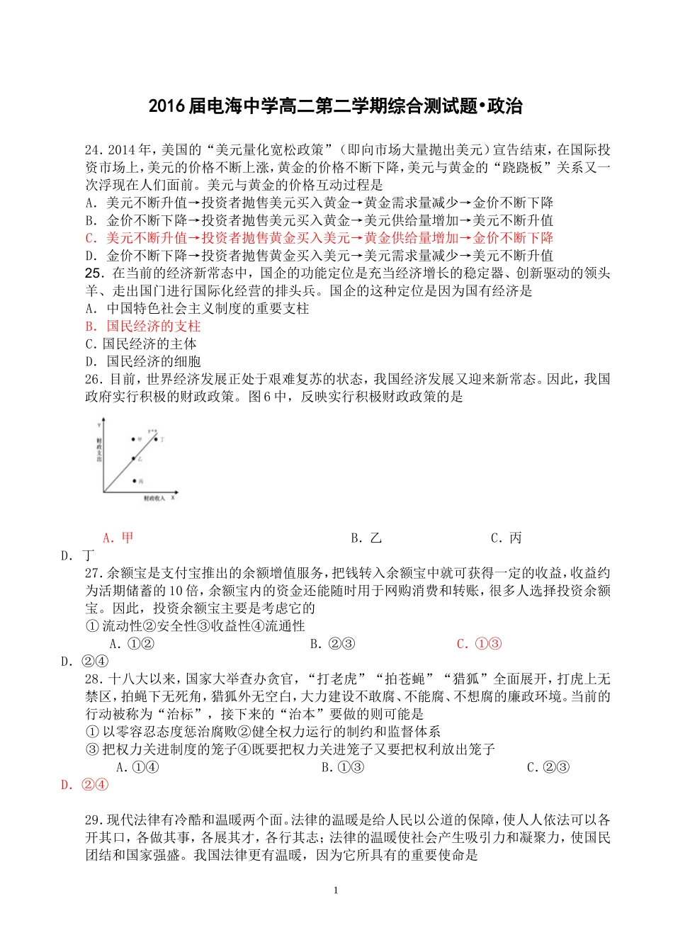 2016届电海中学高二第二学期综合测试题•政治_第1页