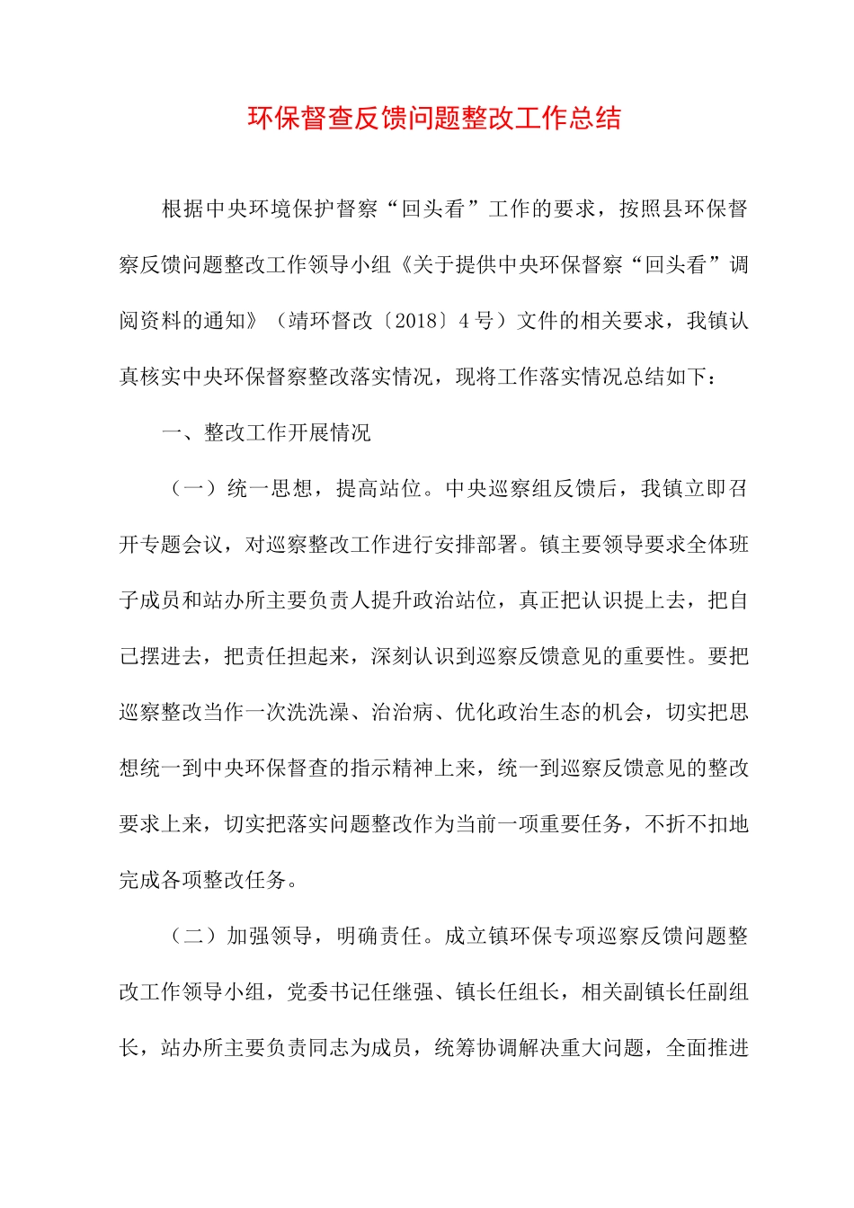 环保督查反馈问题整改工作总结_第1页