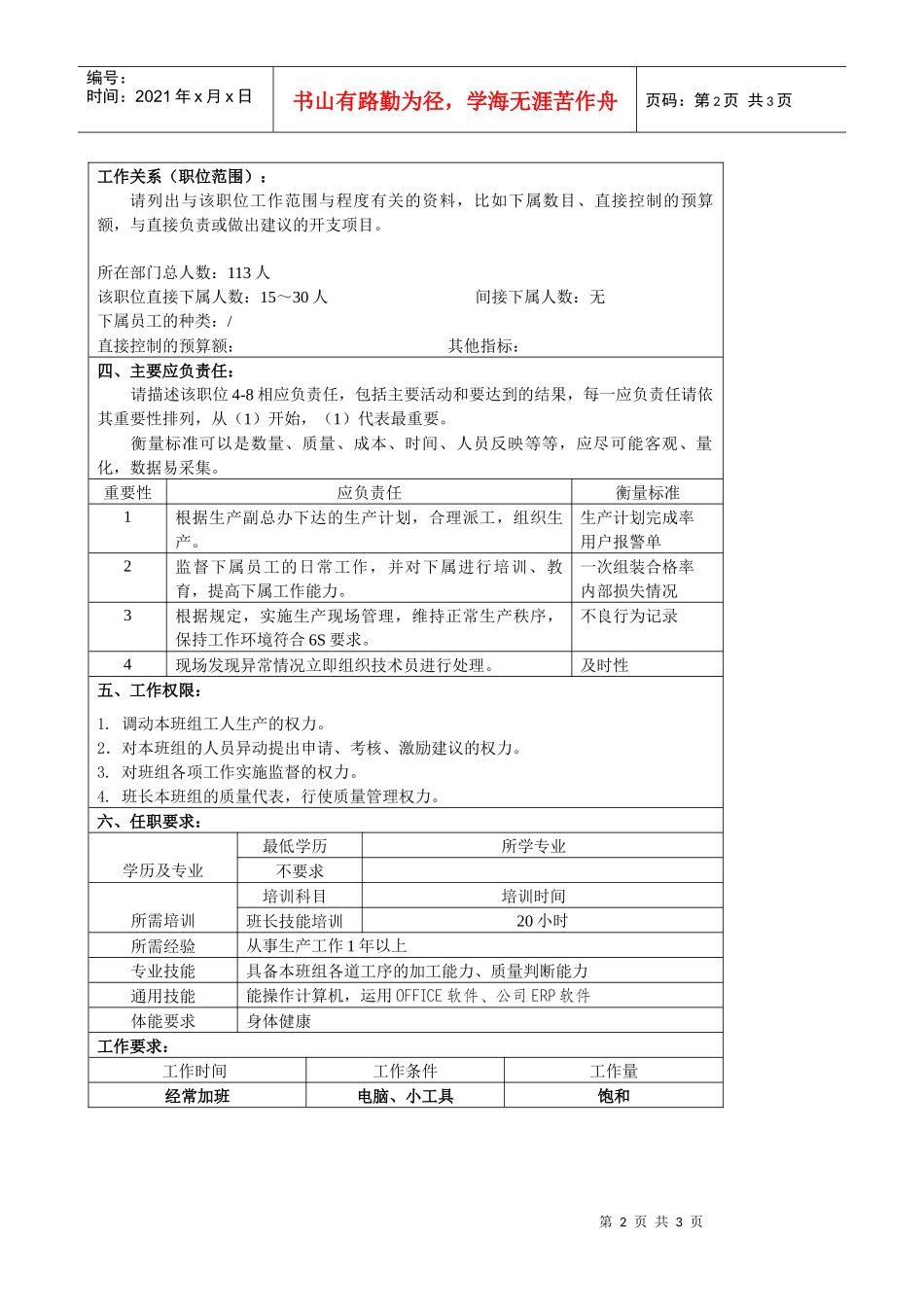某大型汽车零部件公司总装车间装组装装配班班长职位说明书_第2页