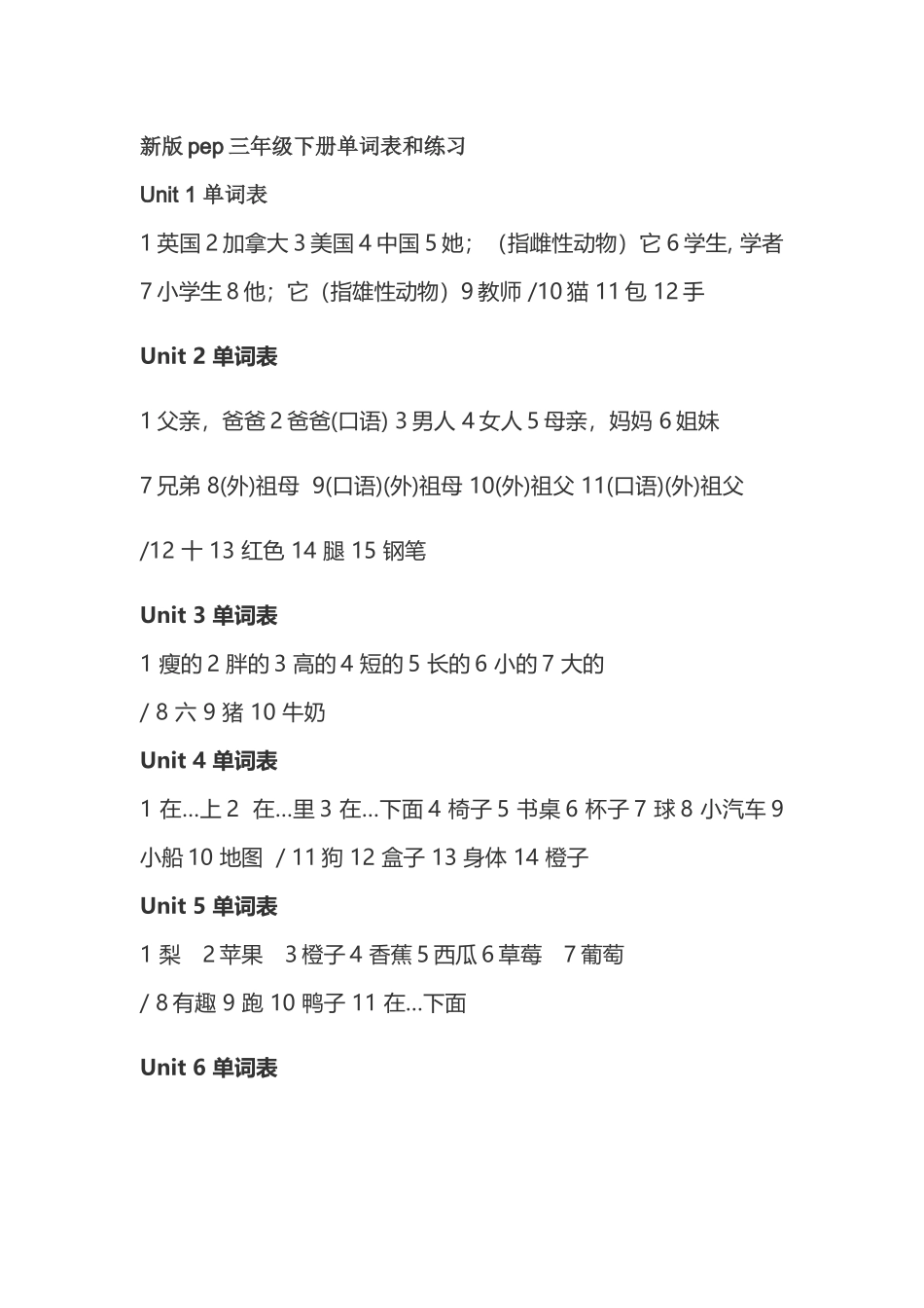 新版pep三年级下册单词表(总）_第1页