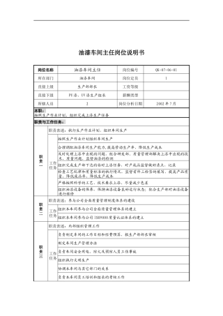乾坤木业公司油漆车间主任岗位说明书