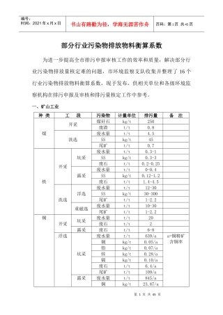 部分行业污染物排放物料衡算系数