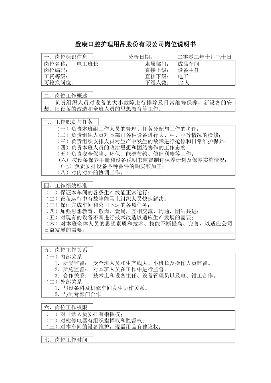登康口腔护理用品股份有限公司电工大班长岗位说明书_第1页
