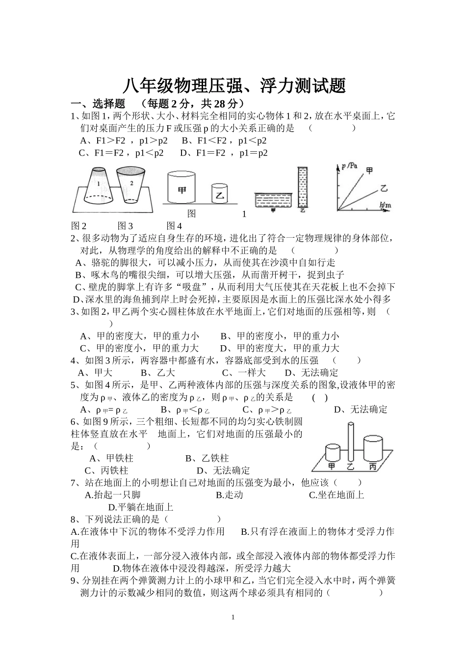 八年级物理压强、浮力测试题_第1页