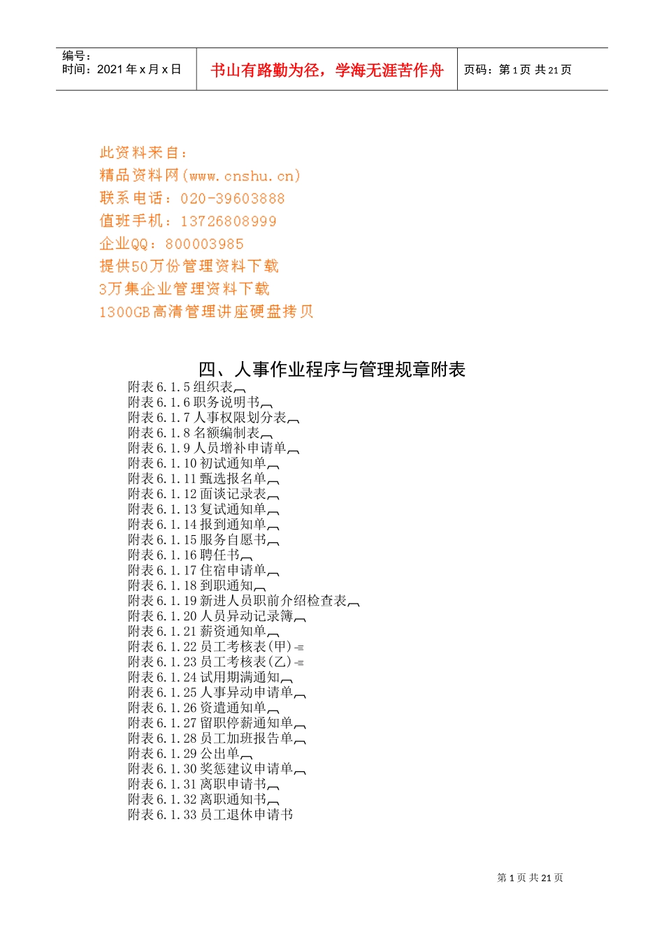 企业人事作业程序与管理规章附表_第1页
