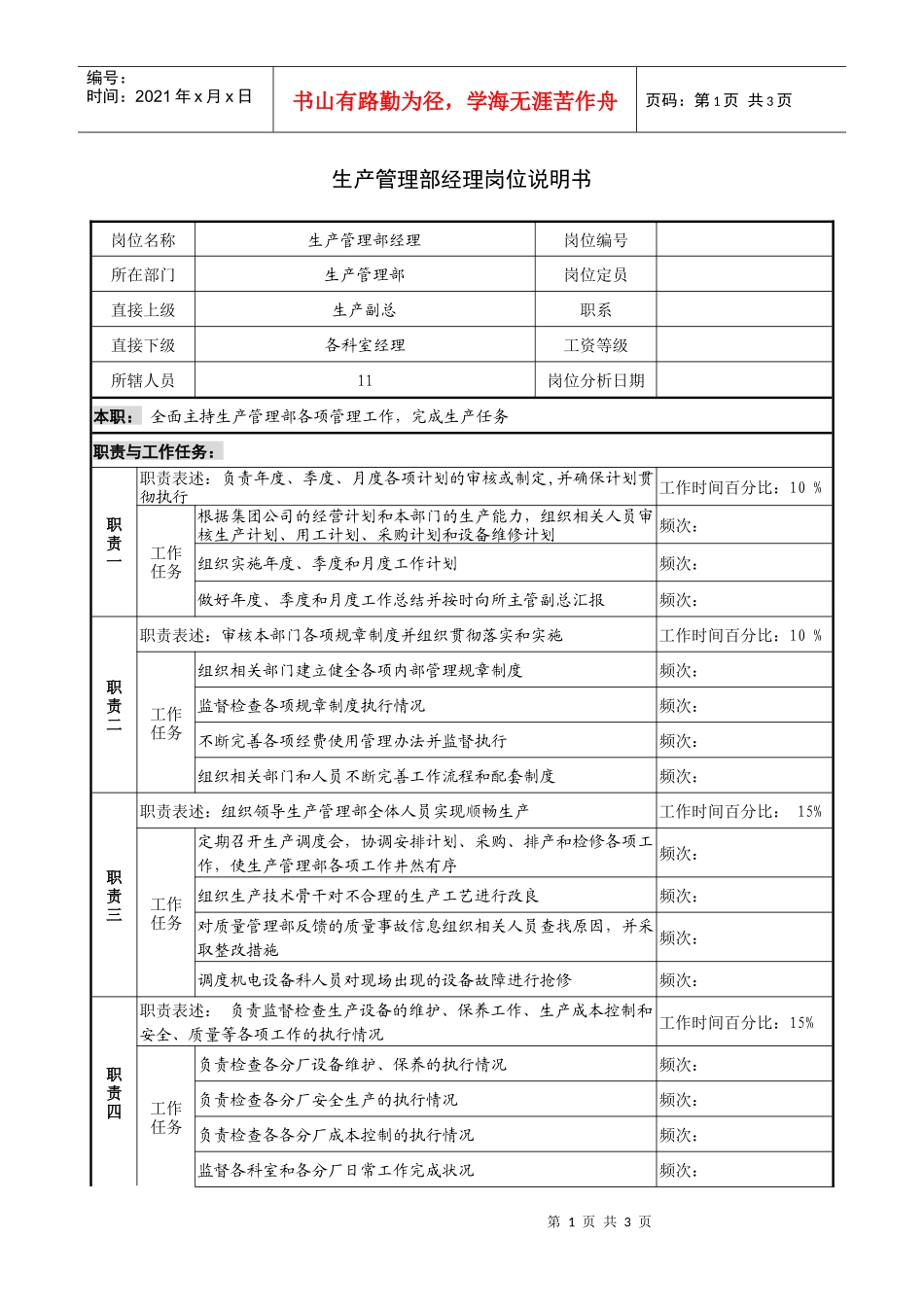 生产管理部经理岗位说明书_第1页