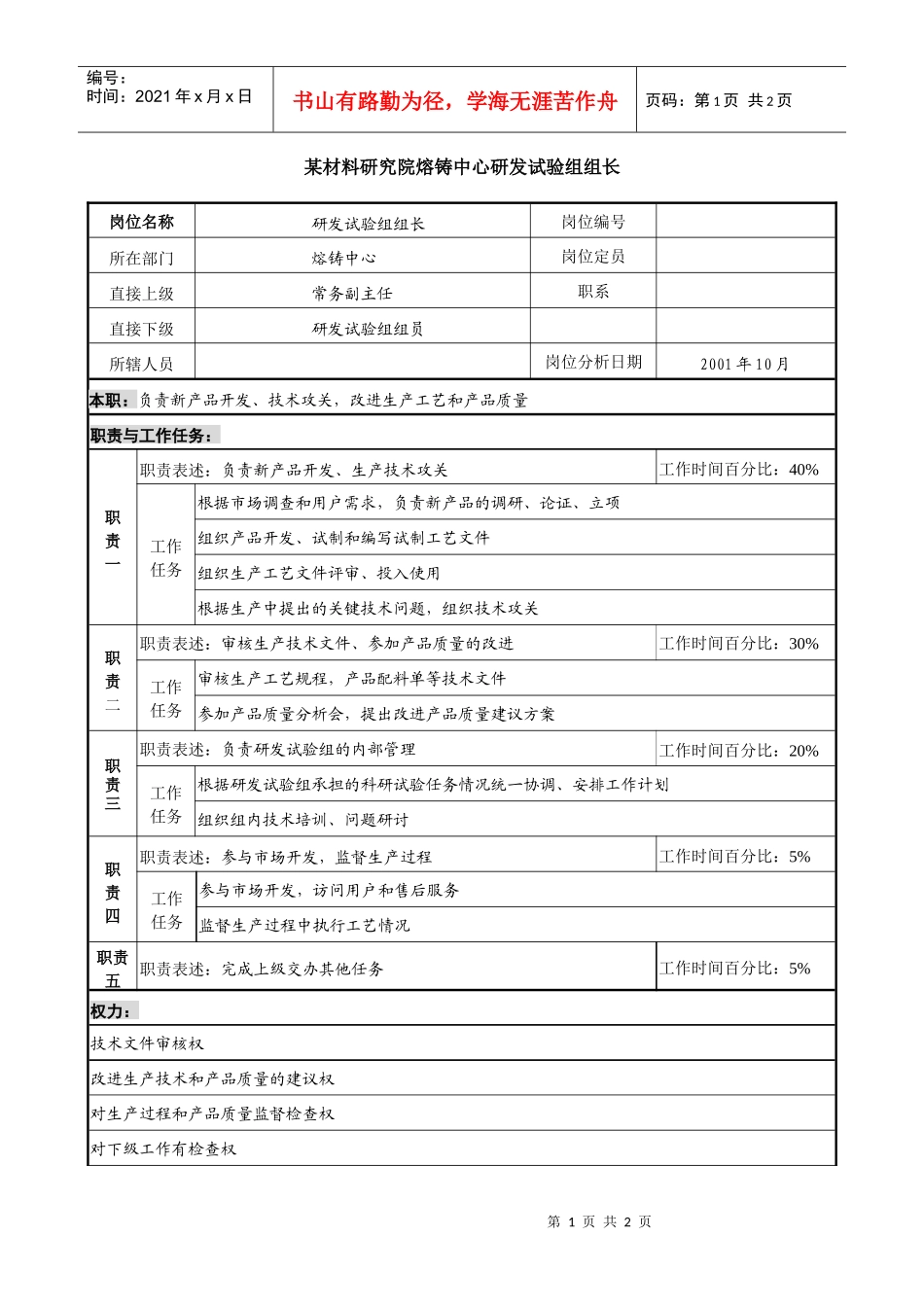 熔铸中心研发试验组组长职务说明书_第1页
