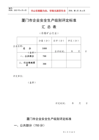 非煤矿山-安全生产级别评定标准