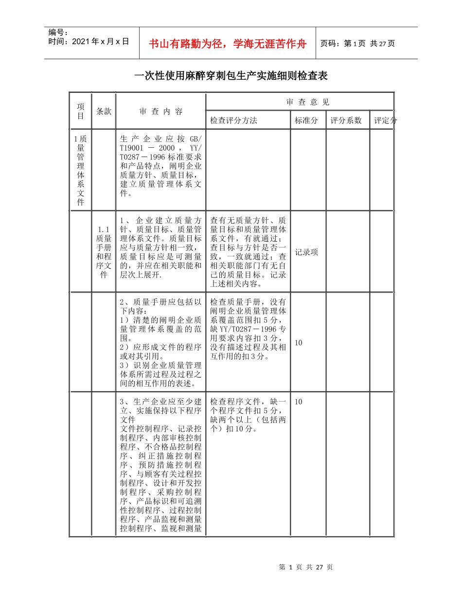 一次性使用麻醉穿刺包生产实施细则_第1页