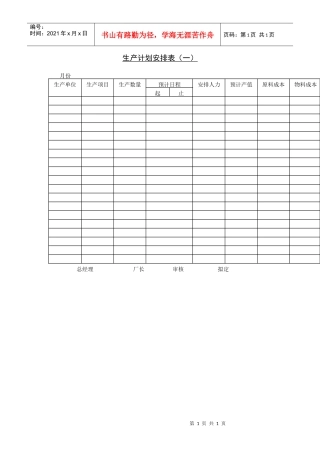 生产计划安排表（一）