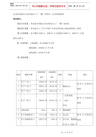 XX技术有限公司东莞南方工厂一期厂房项目—安全管理标准