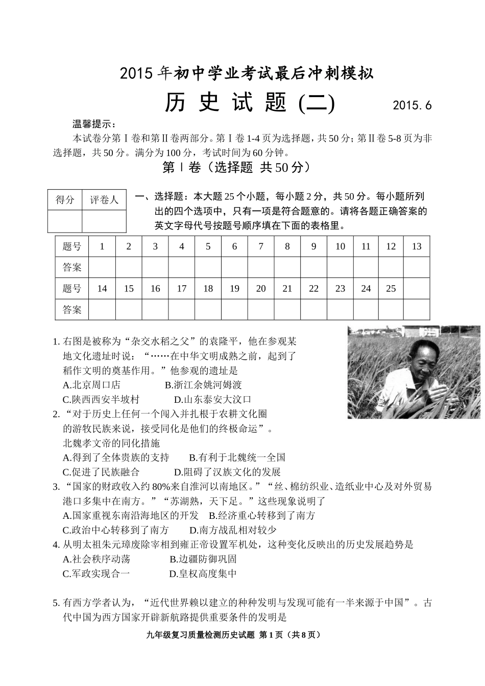 2015年初中学业考试最后冲刺模拟_第1页