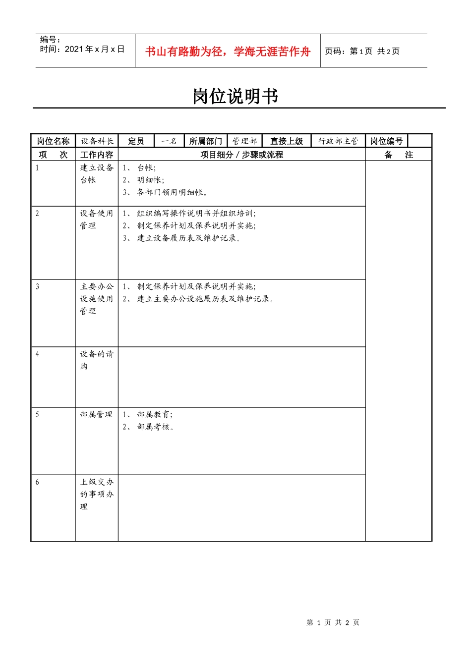 设备科长岗位说明书_第1页