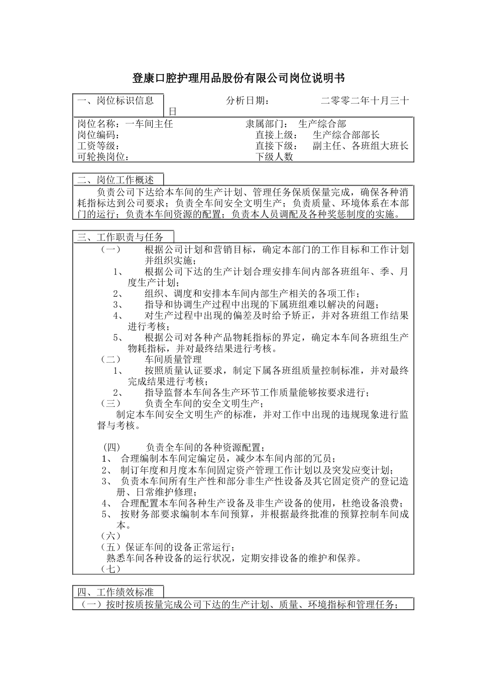 登康口腔护理用品股份有限公司成品车间主任岗位说明书_第1页