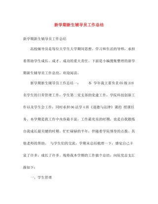 新学期新生辅导员工作总结 