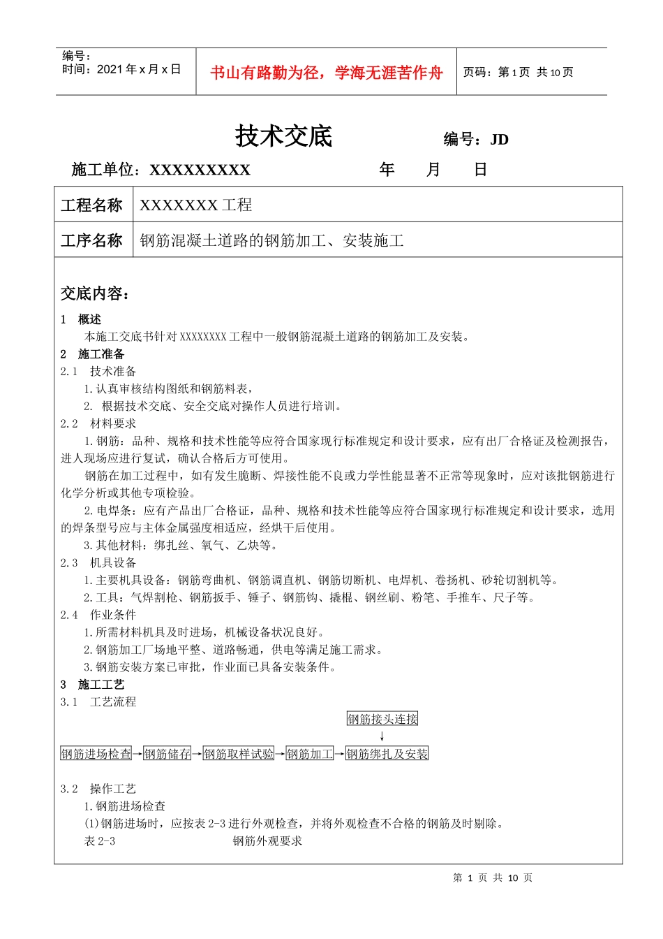 钢筋砼道路钢筋加工、安装施工技术交底_第1页