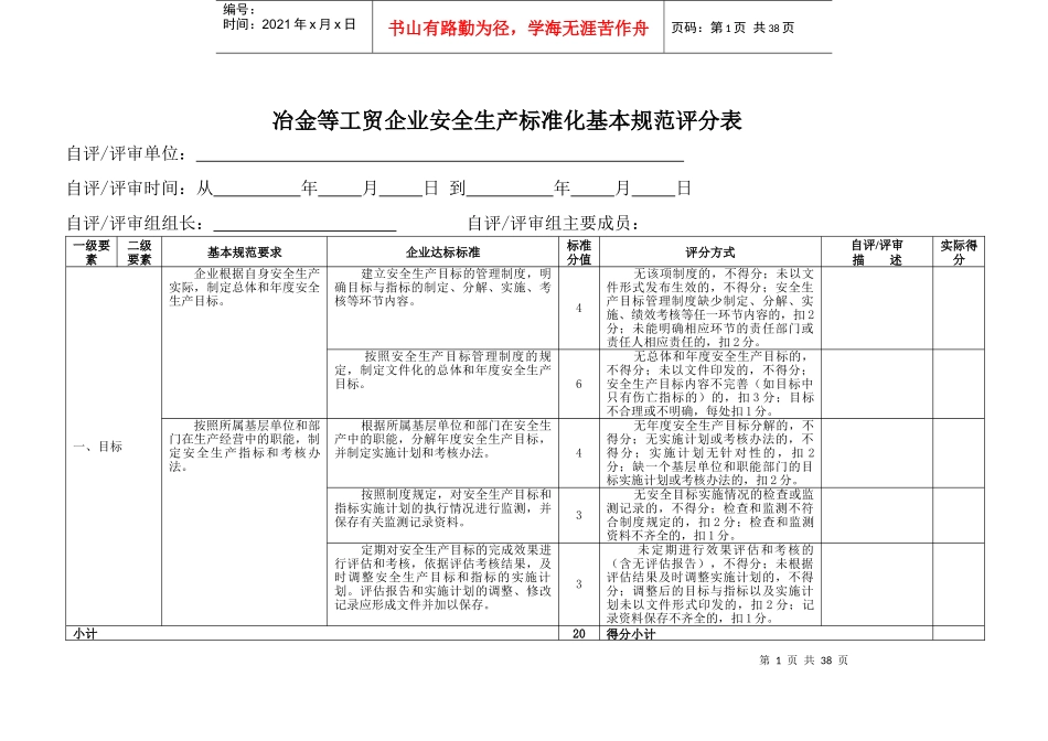 冶金等工贸企业安全生产标准化考评扣分汇总表_第1页