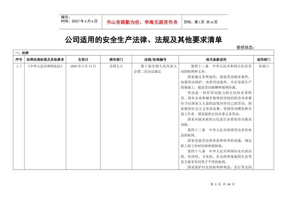 XXXX年最新的适用的安全生产法律法规及其他要求清单_第1页