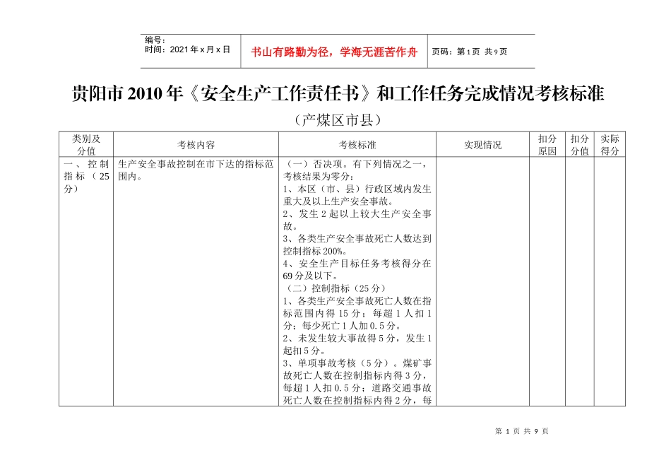 贵阳市XXXX年《安全生产工作责任书》和工作任务完成情况考核标准_第1页