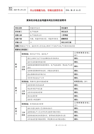 某知名光电企业母盘车间主任岗位说明书